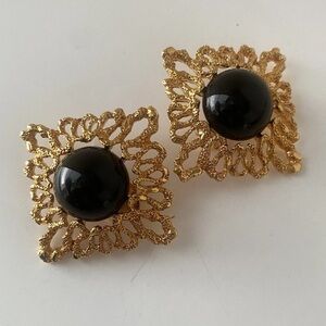 Elegant Vintage Brutalist Gold Black Cabochon Statement Square Clip On Earrings